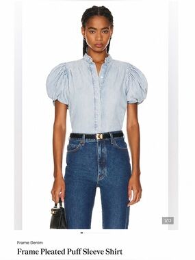FRAME Pleated Puff Sleeve Denim Shirt | Light Wash | NWT | Size XS